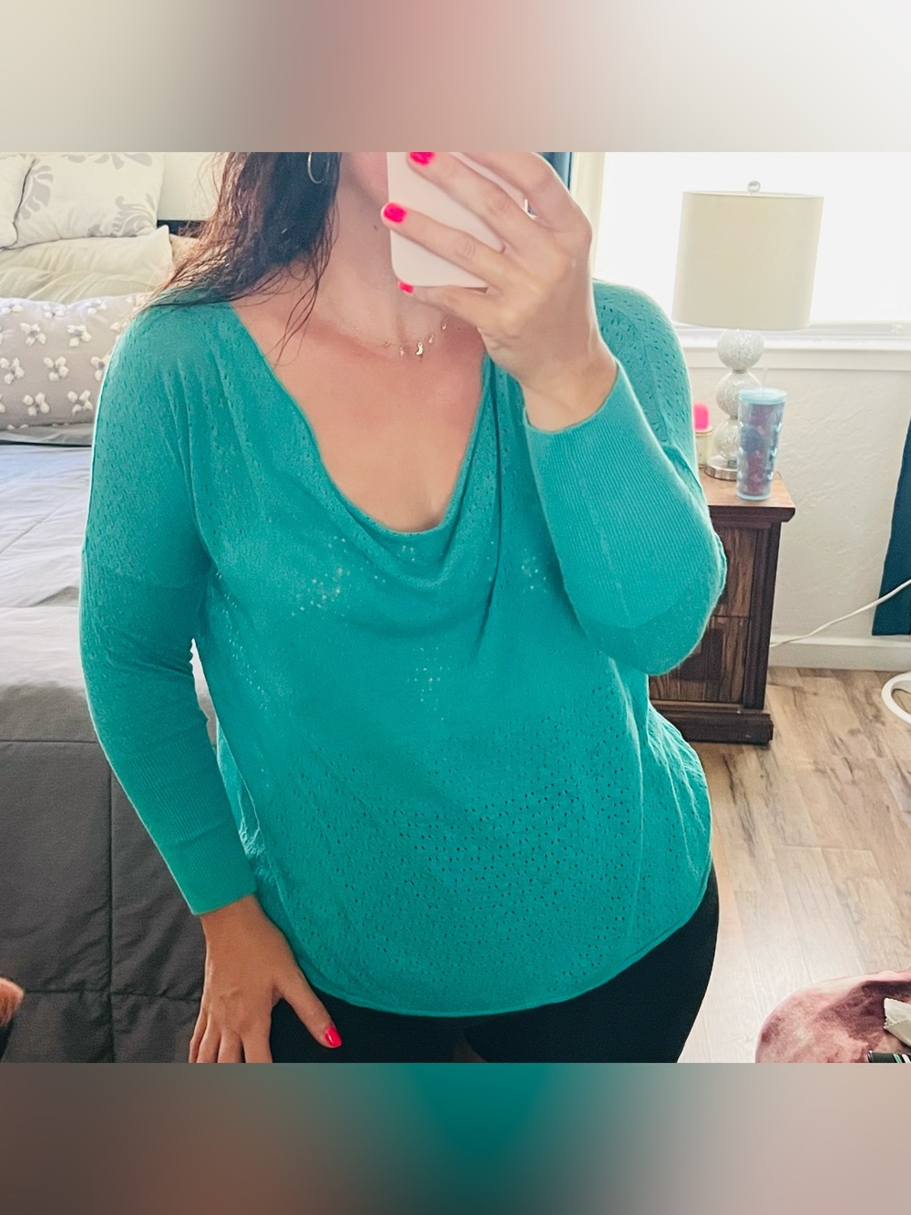 Anthropologie Guinevere Teal Linen Blend Open Knit Cowl Sweater